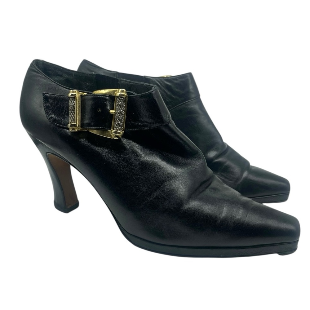 Via Spiga Black Pointed Square Toe Heels Y2K Gold Buckle 1990s Leather Size 10